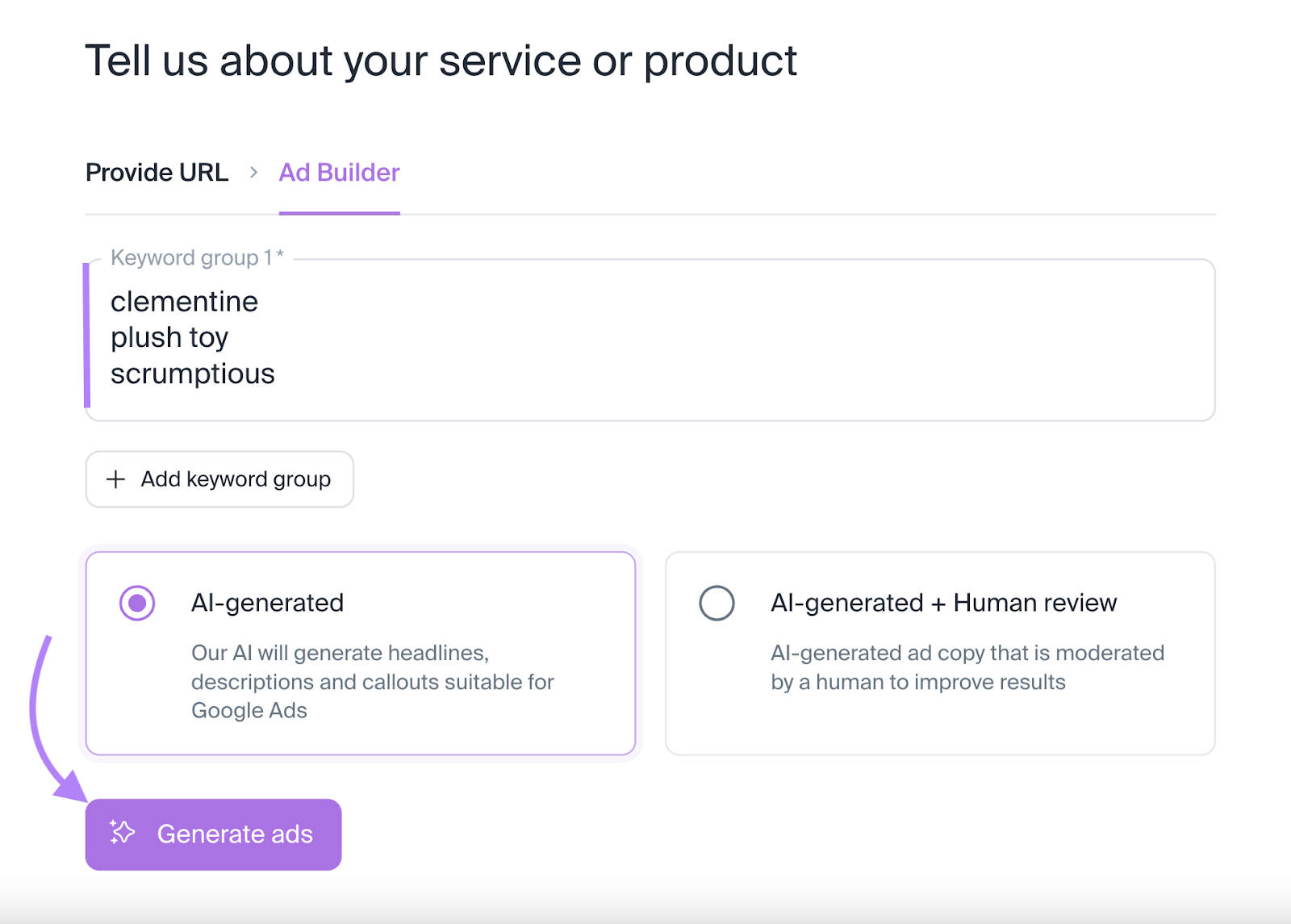 "Ad Builder" tab in setting up AI Ad Copy Generator