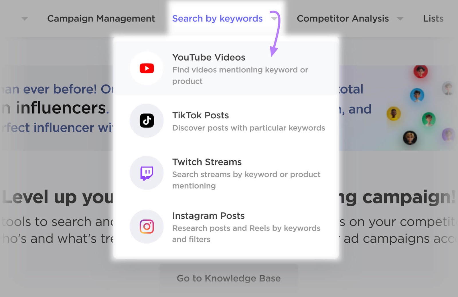 "Search by keywords" dropdown menu in "Influencer Analytics" opened, with a focus on the option to find YouTube videos.