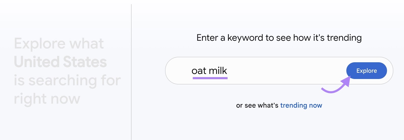 Google Trends home with "oat milk" entered and the "Explore" button clicked.