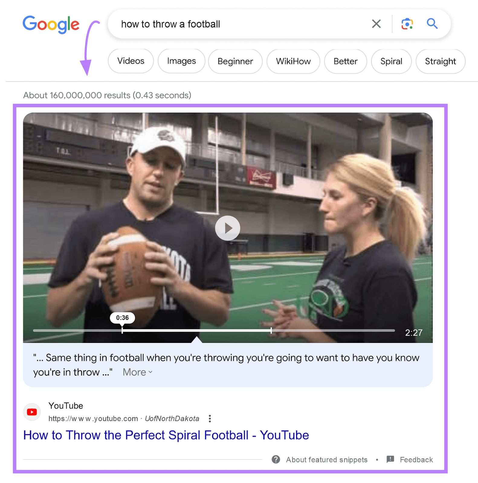 Featured video example on Google SERP for "how to throw a football" search