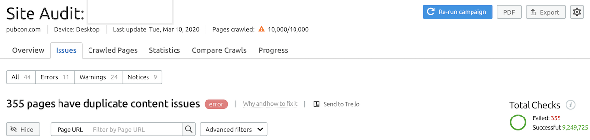 Duplicate content issues shown in the site audit tool