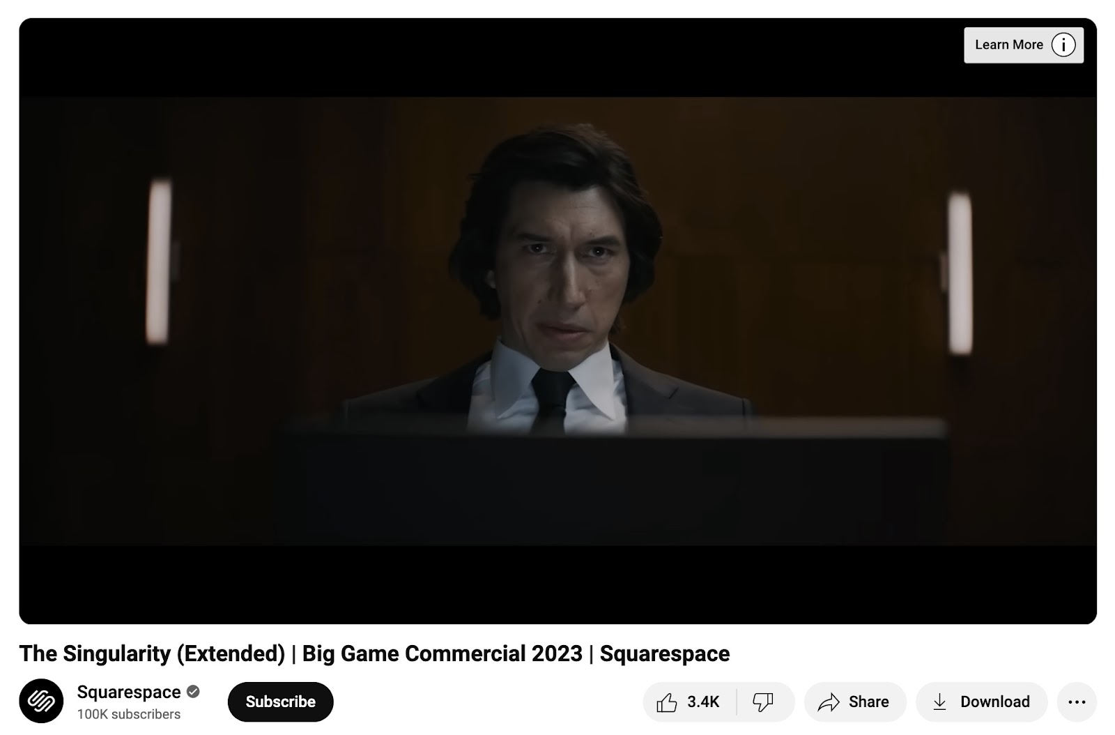 The Squarespace Super Bowl ad from 2023 on Youtube used to boost brand visibility.