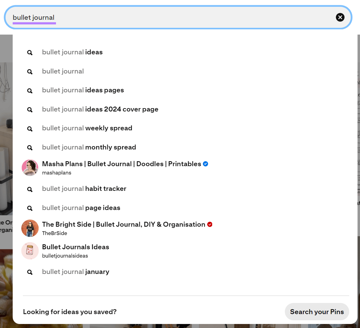 Pinterest search bar with related terms for the search keyword “bullet journal.”