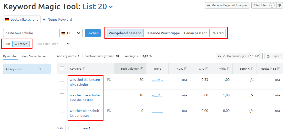SEMrush Keyword Magic Tool W-Fragen