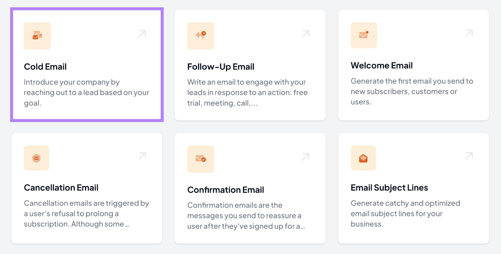 AI email assistant options include cold email, follow up email, welcome email, cancellation, confirmation, and email subject lines