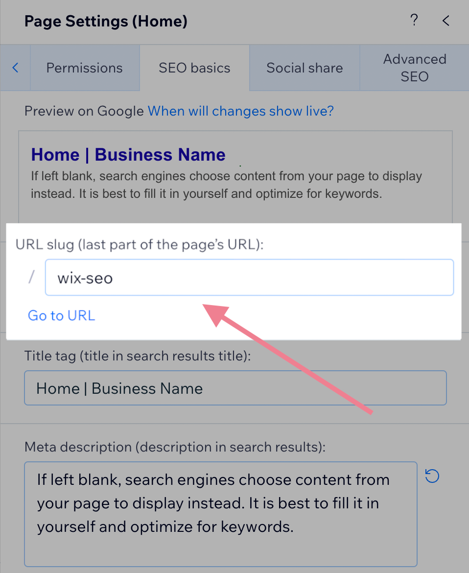 Edit URL slug in SEO basics settings