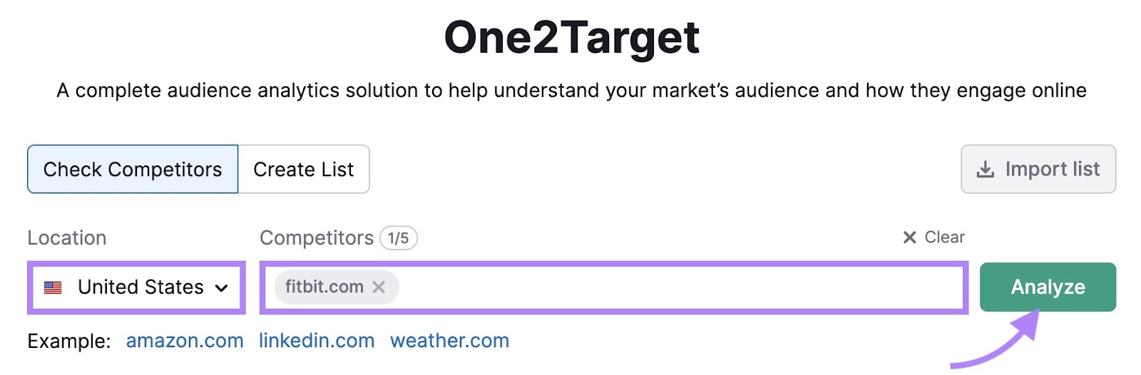 "Check Competitors" on One2Target with "fitbit.com" entered as the domain, US selected as the location, and "Analyze" clicked