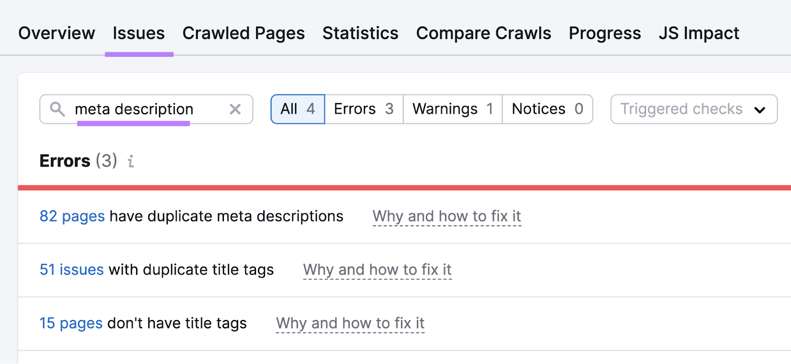Searching for "meta description" under the "Issues" tab in Site Audit tool