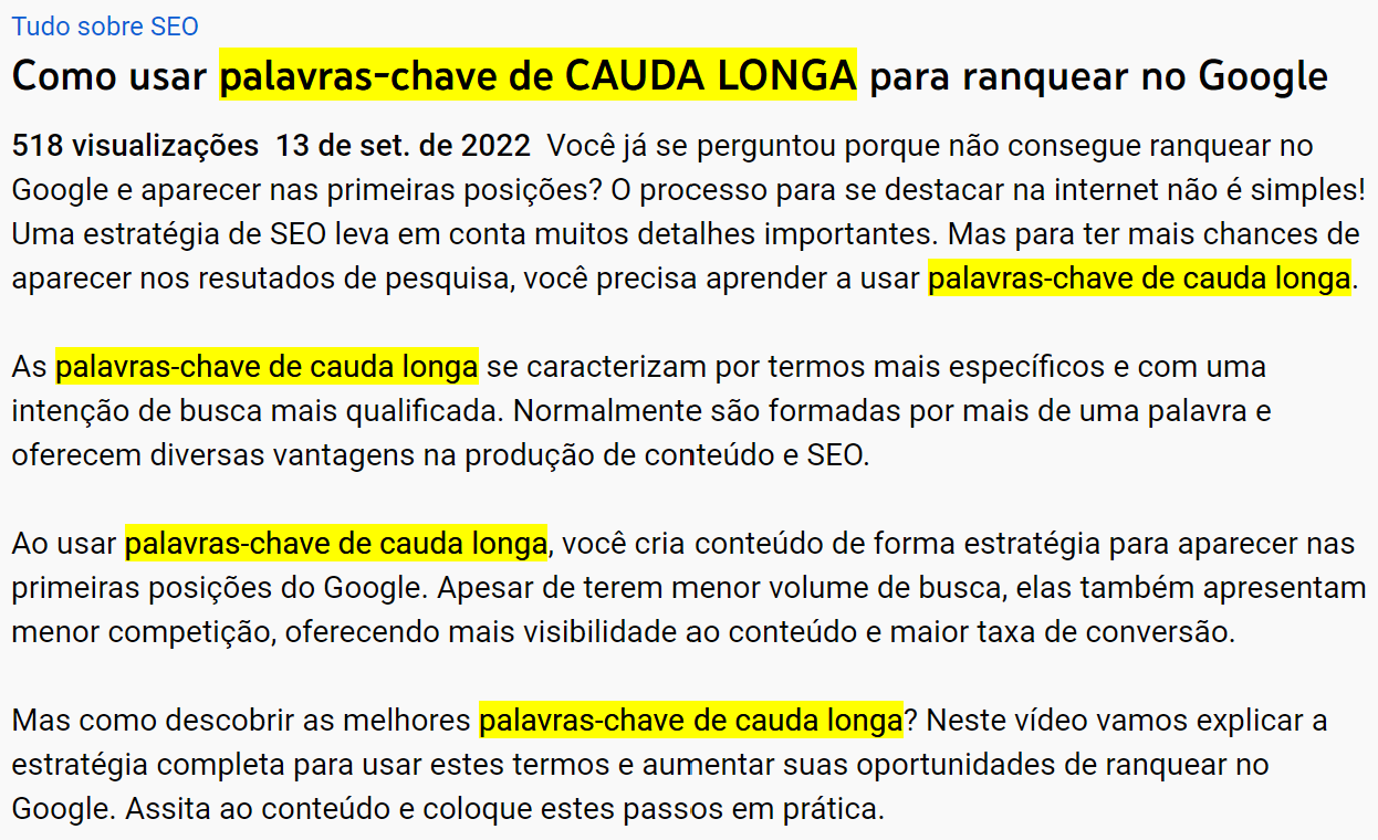 Exemplo do uso de palavras-chave na descrição de vídeo