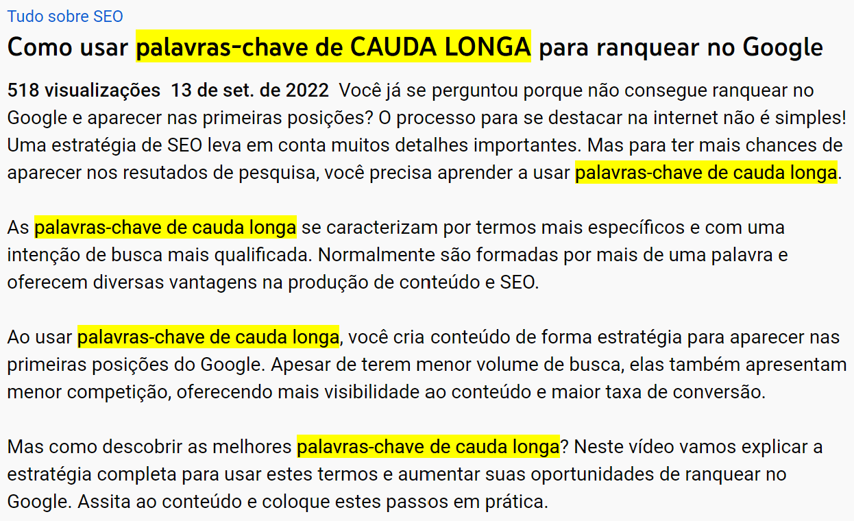 9 dicas de como escrever 4 Exemplo do uso de palavras-chave na descrição de vídeo