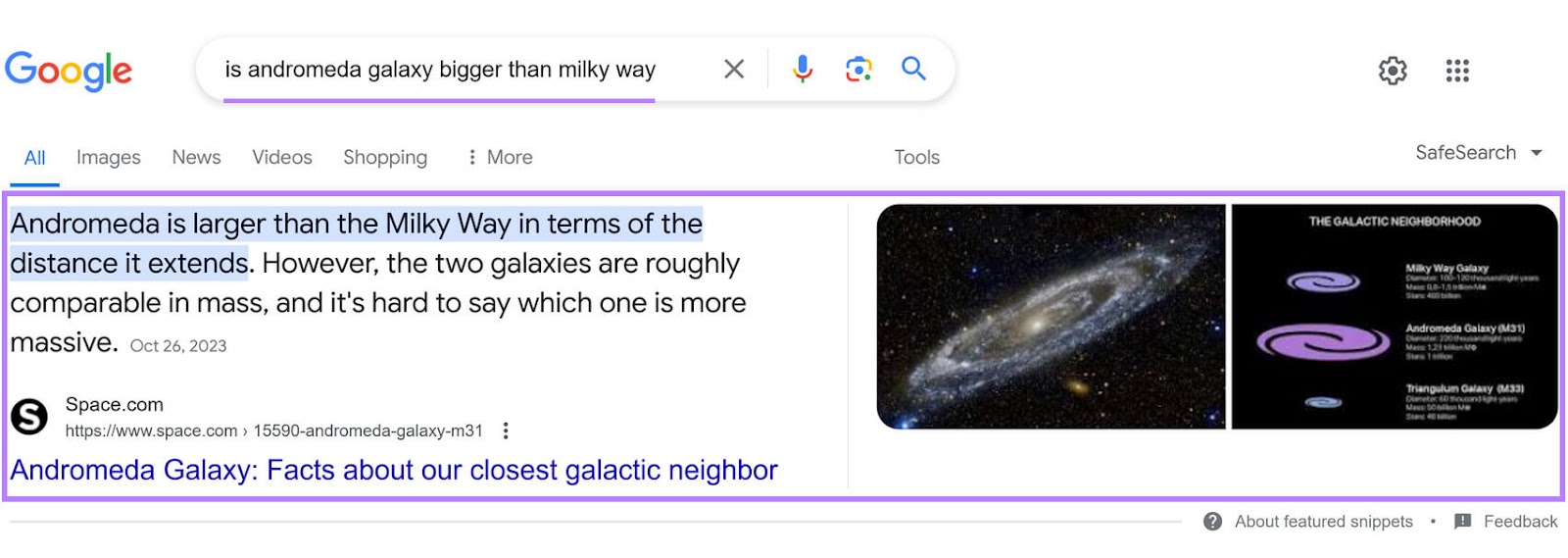 Google search results page for "is andromeda galaxy bigger than milky way" with a featured snippet that includes two images.