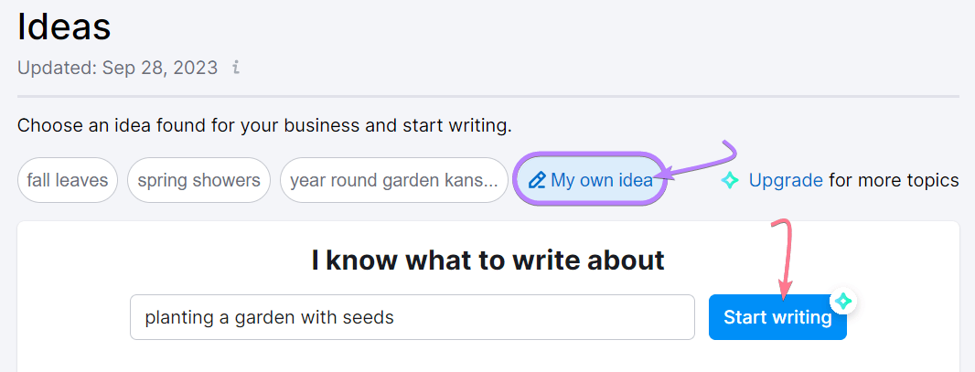 "My own idea" tag highlighted in Content Shake AI