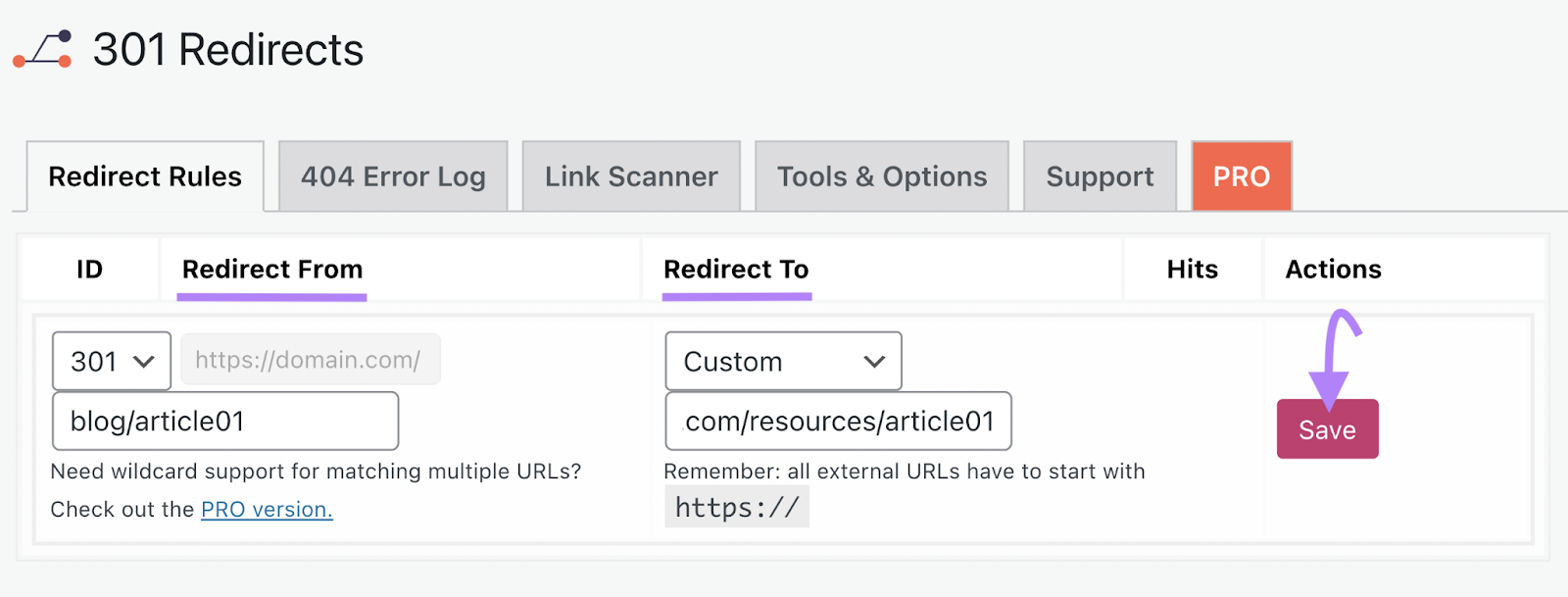 “Redirect Rules” tab with "redirect from" and "redirect to" bars highlighted on Easy Redirect Manager.