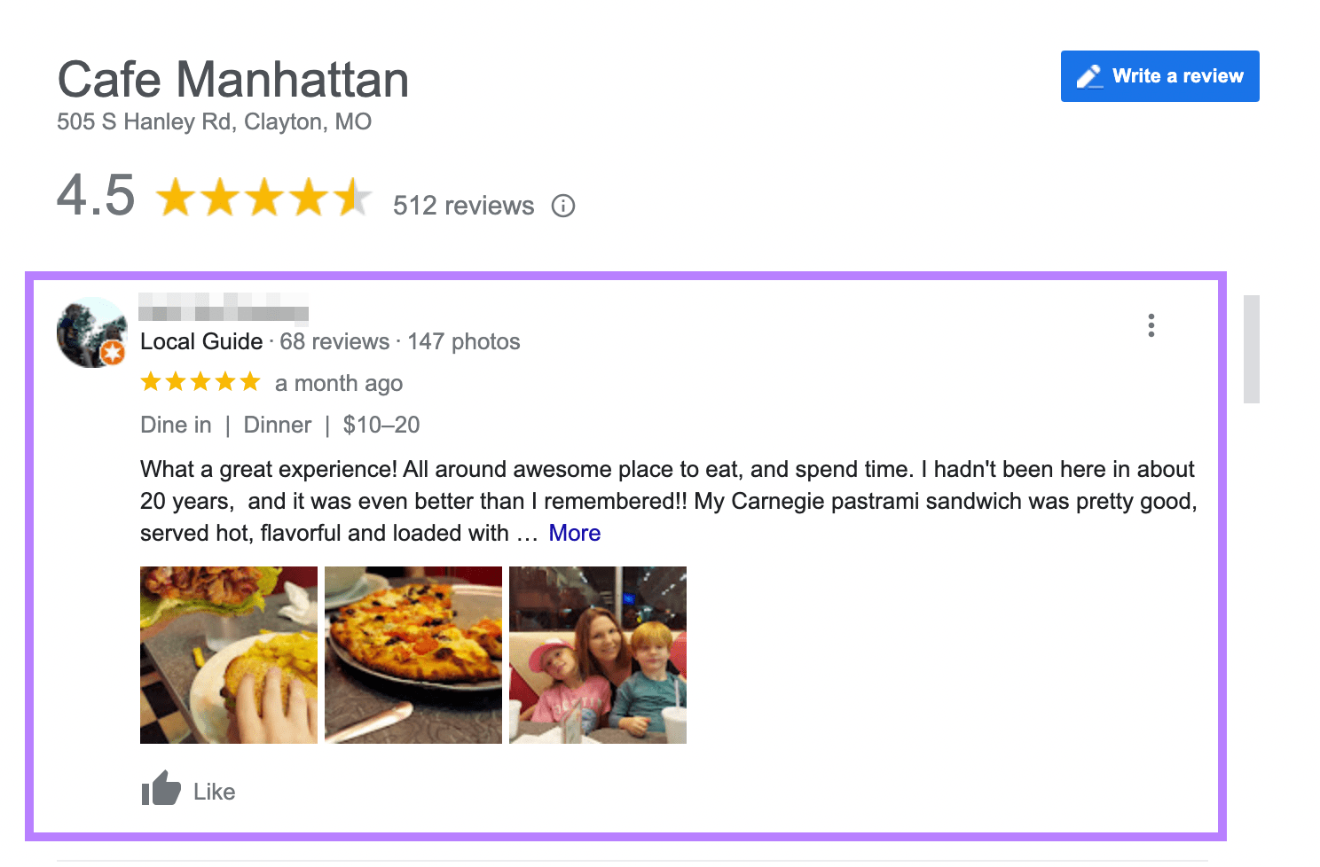 Cafe Manhattan's reviews in Google search results