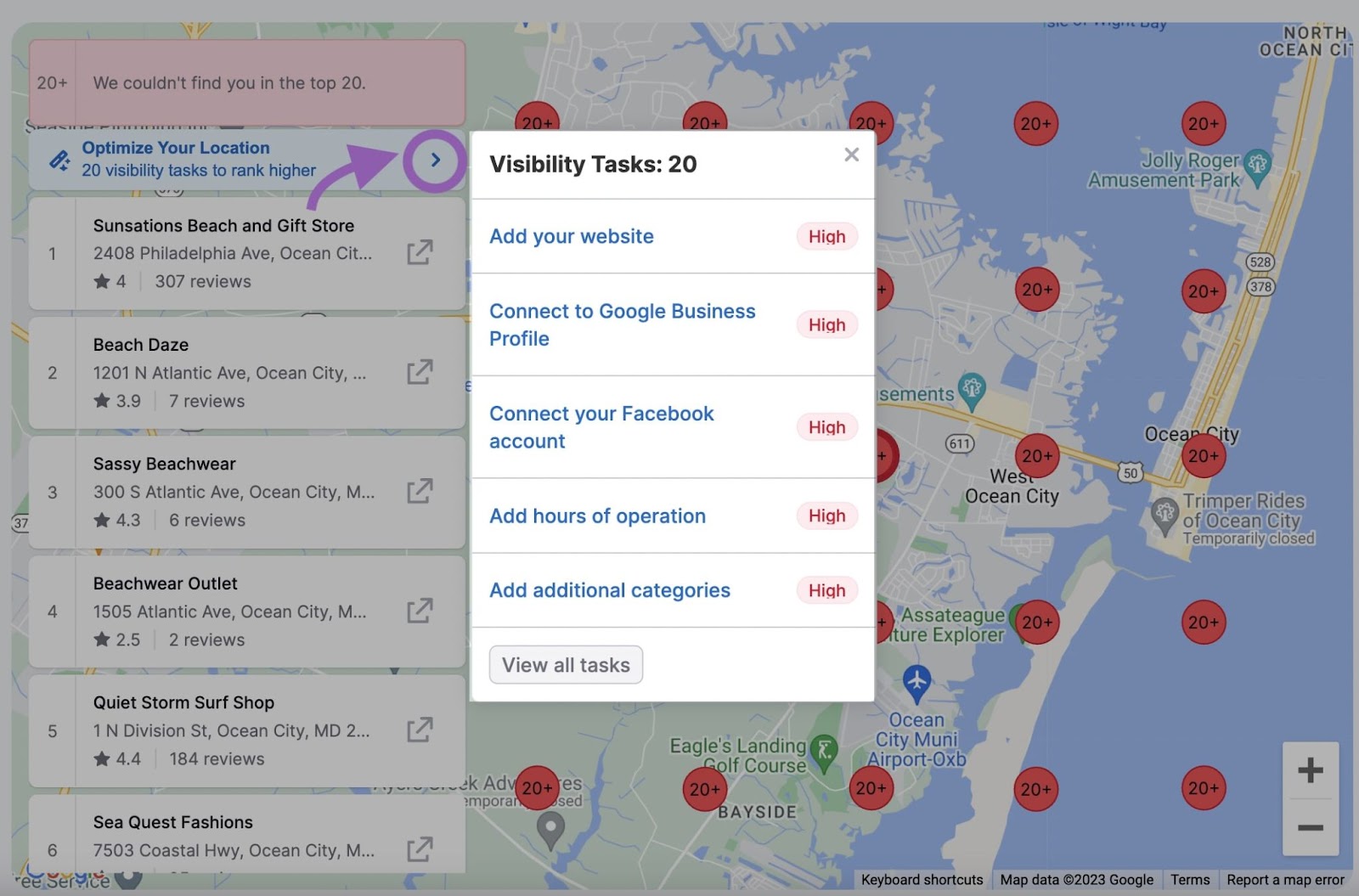 A pop-up window showing visibility tasks for a selected business location