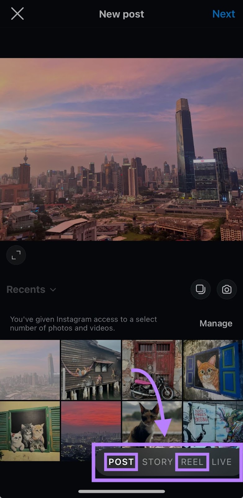 "New Post" window on Instagram with "Post" and "Reel" options highlighted in the menu at the bottom.