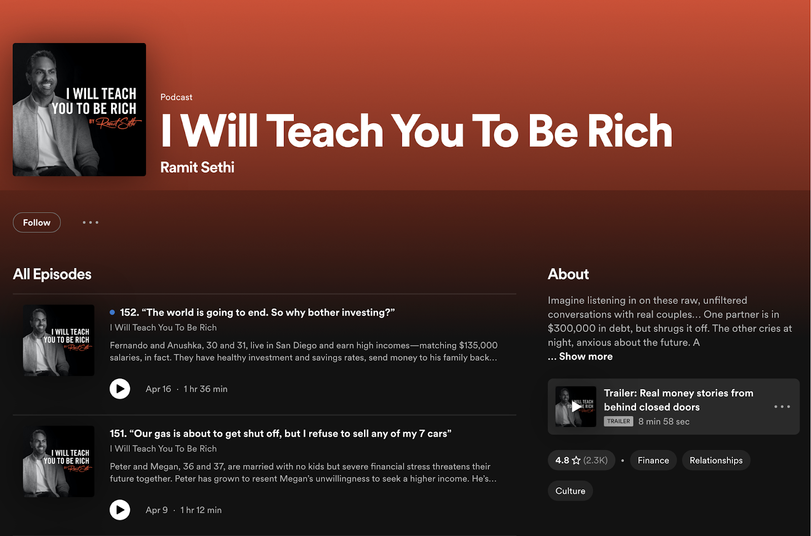 Spotify page of the podcast "I Will Teach You To Be Rich" by Ramit Sethi, showing podcast cover, episode list, and details