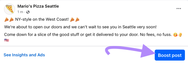An organic post by Mario's Pizza Seattle with "Boost post" button highlighted