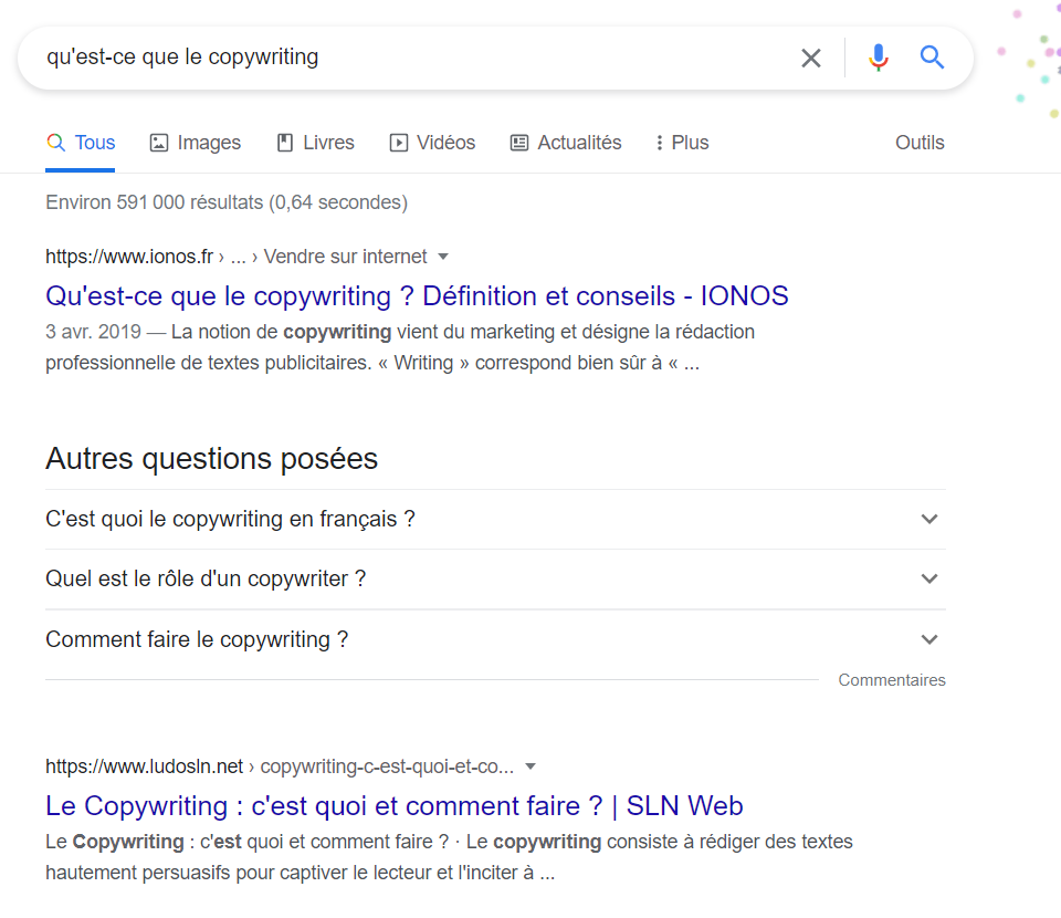 SERP pour "qu'est-ce que le copywriting"