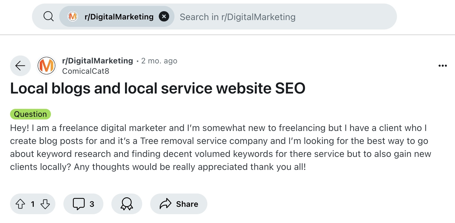 Reddit post on the Digital Marketing subreddit looking for advice on how to do keyword research for a local service business.