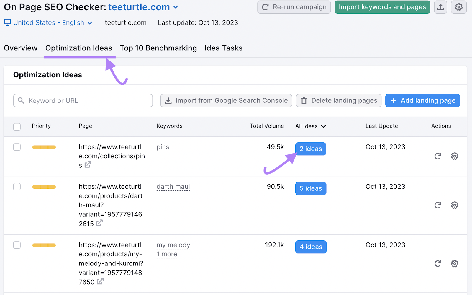 "Optimization Ideas" tab in On Page SEO Checker