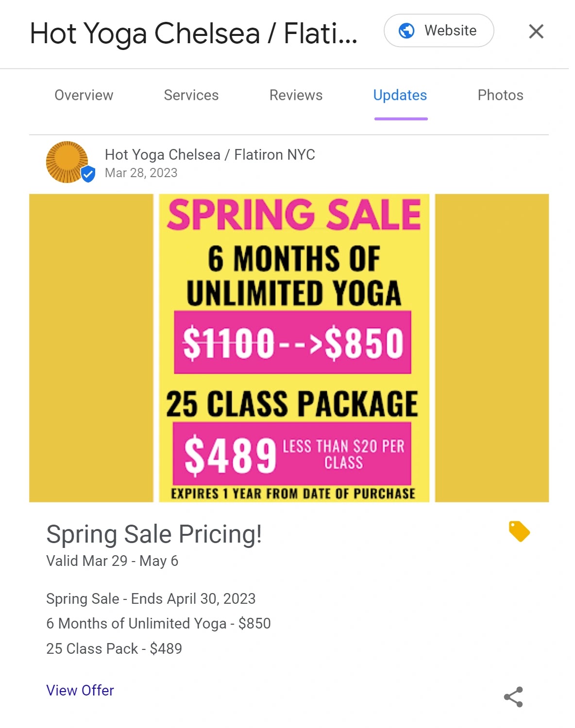 Google Business Profile update on a new yoga class pricing package