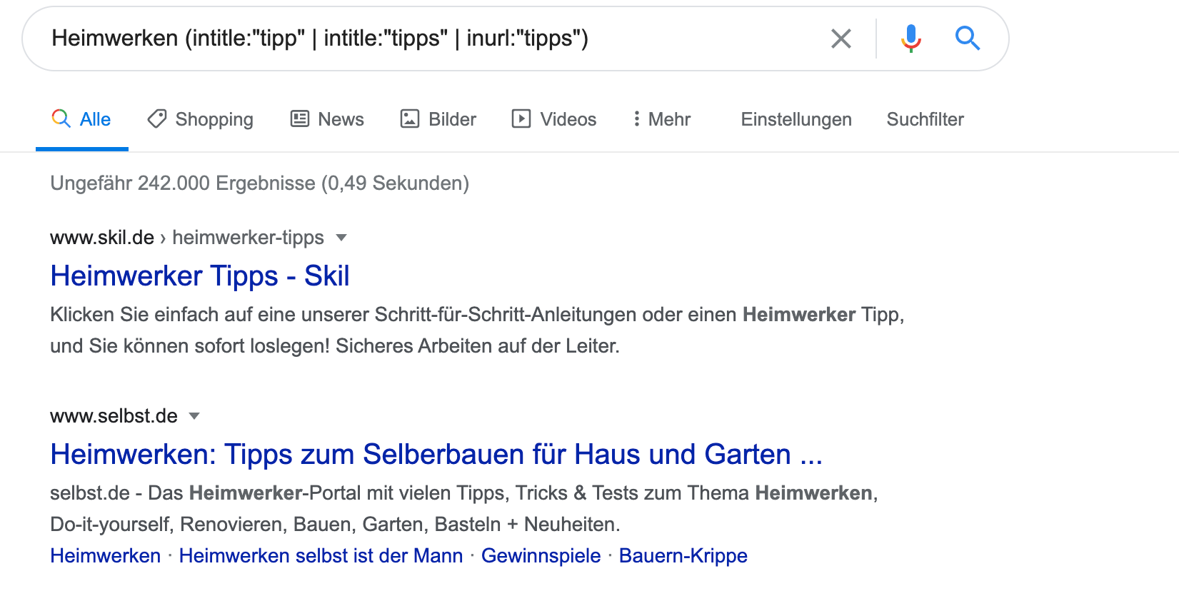 Google Suchoperatoren Beispiel Screenshot