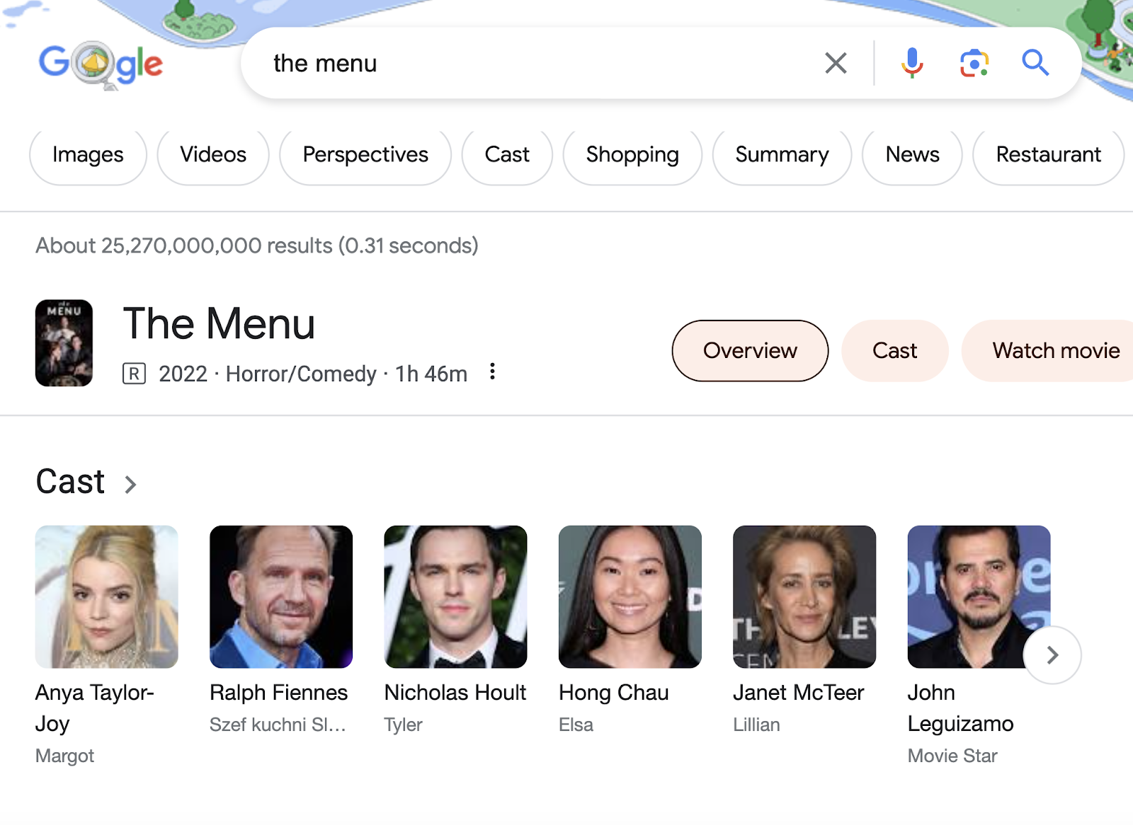 Google search results for “the menu”