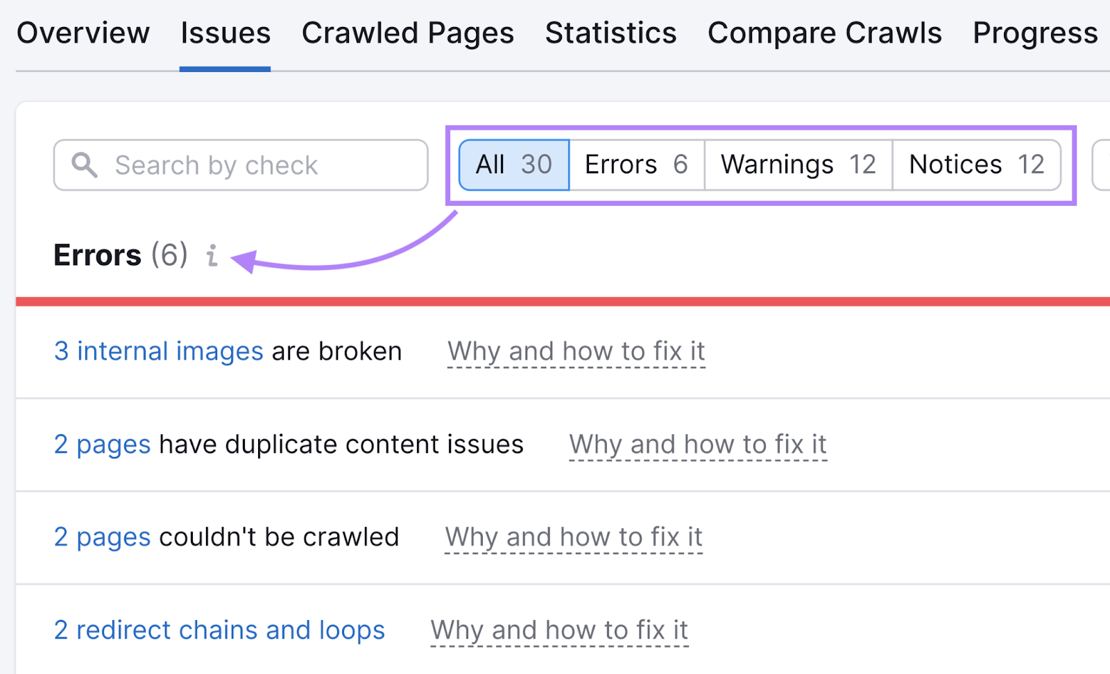 “Errors” page in the Site Audit tool