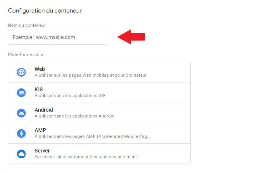 Nom du conteneur dans la configuration d'un compte GTM