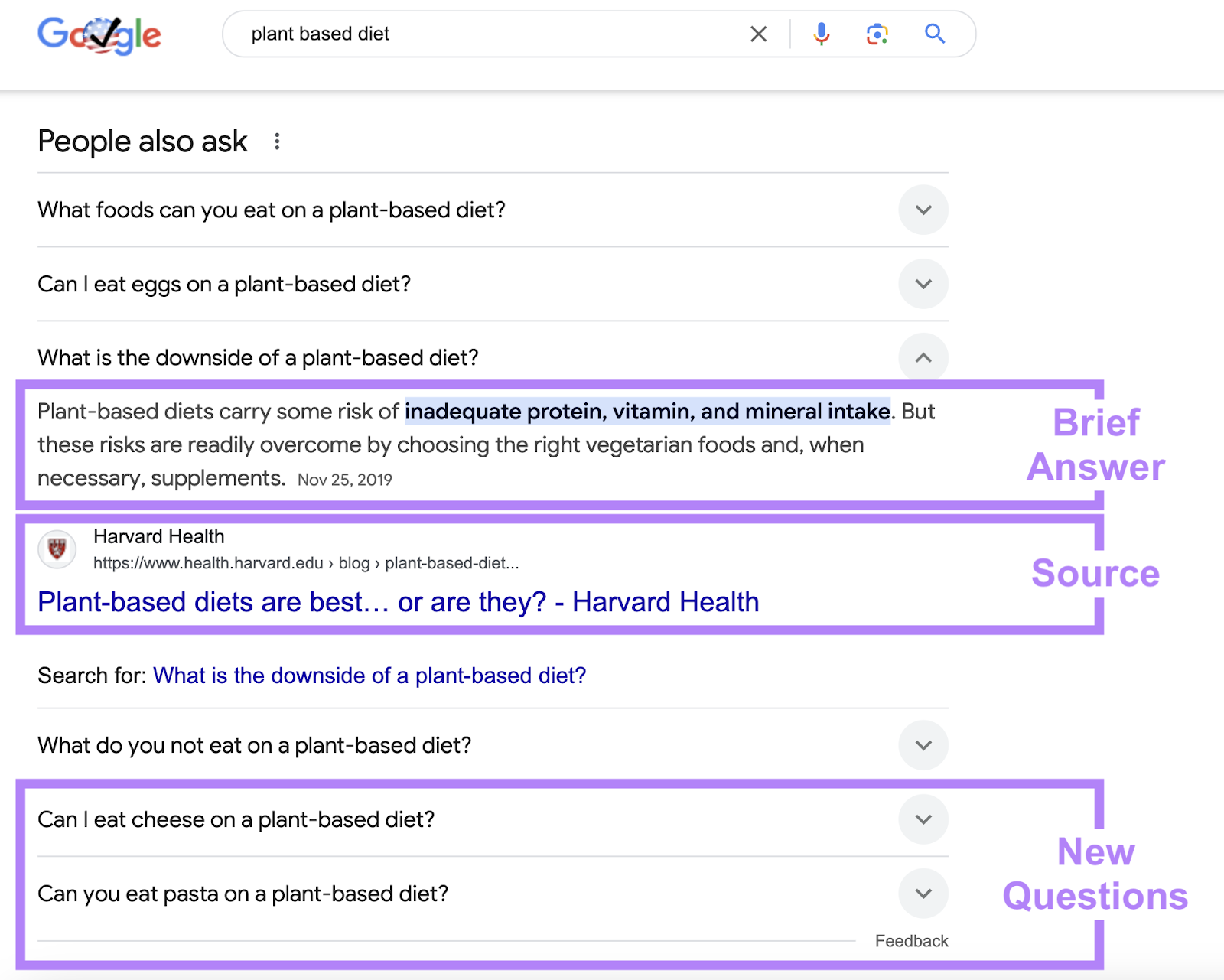 people also ask serp feature with brief answer, source, and new questions highlighted