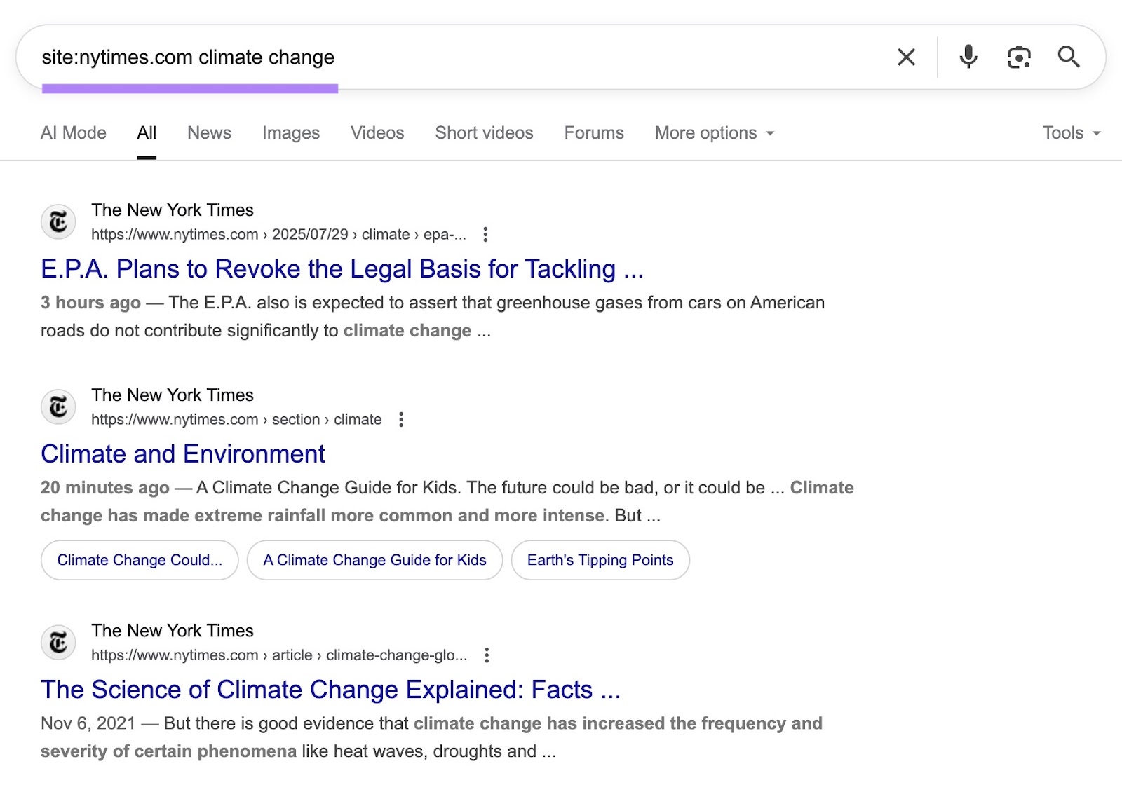Google SERP with the "site:" search operators applied showing only results from a specific domain.