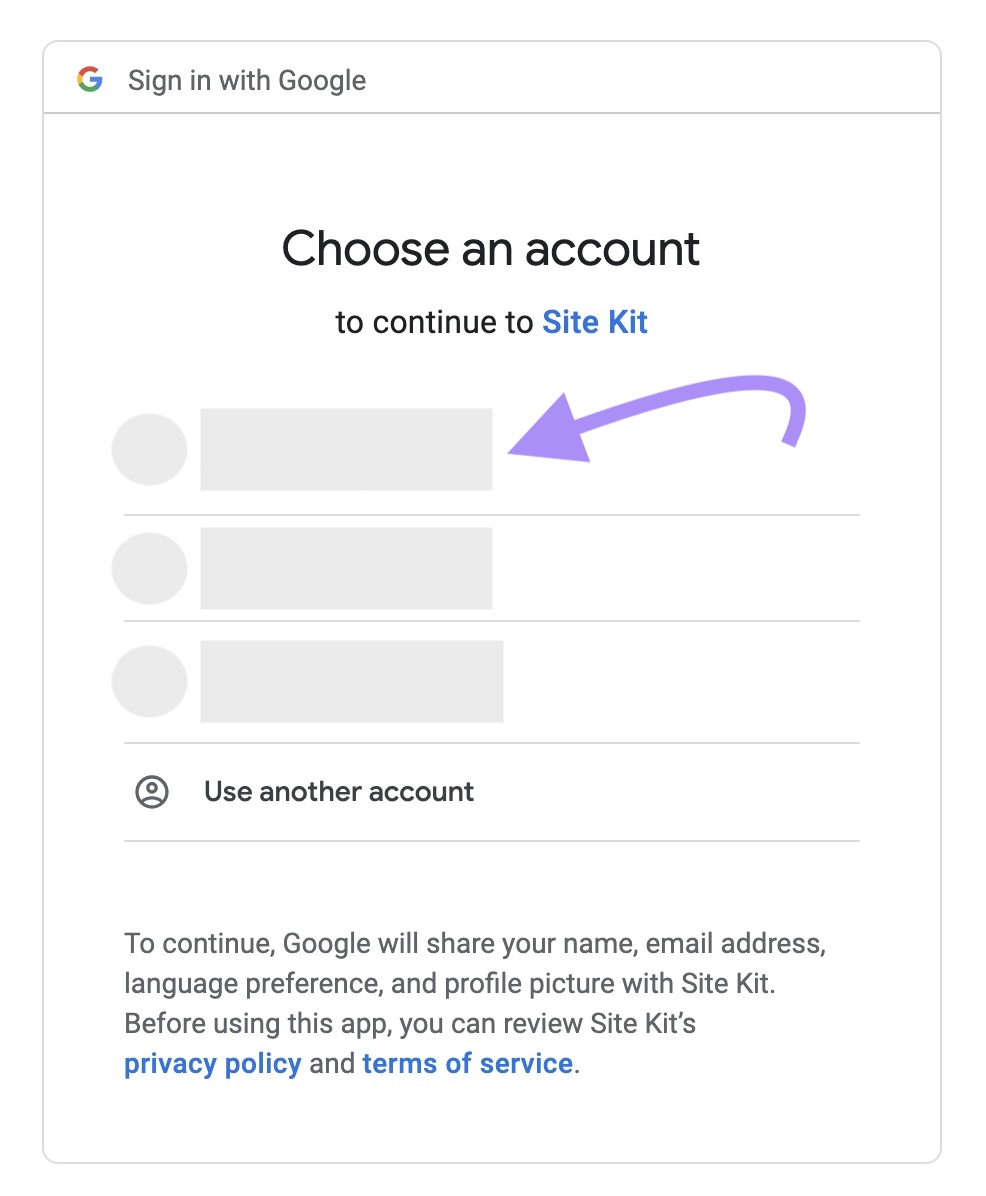 Sing-in to Google relationship  to proceed  to Site Kit window