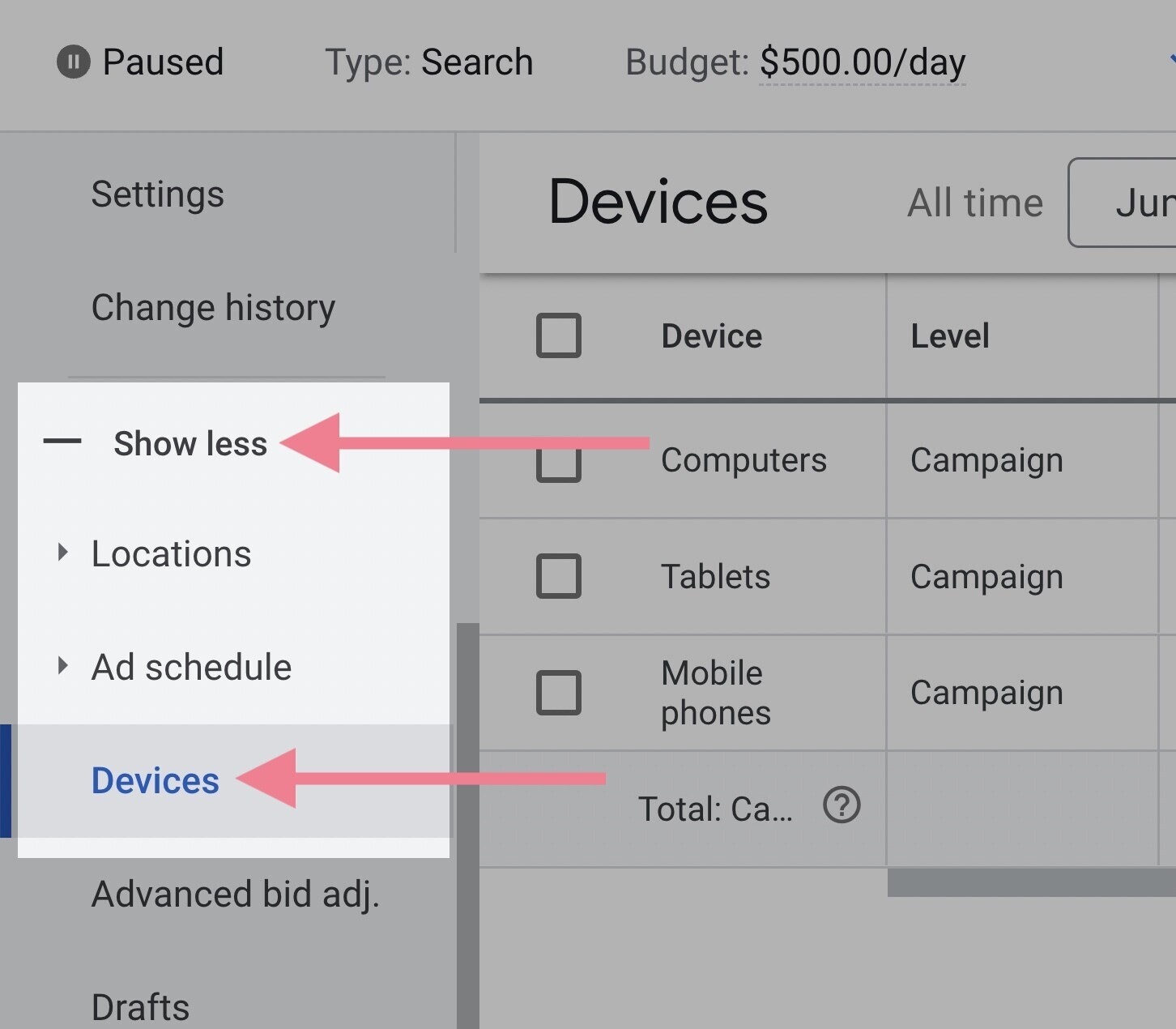 google ads devices tab