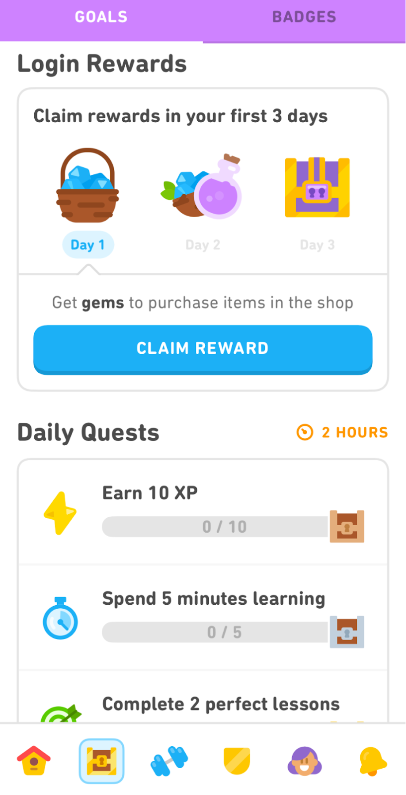 Duolingo's login rewards section