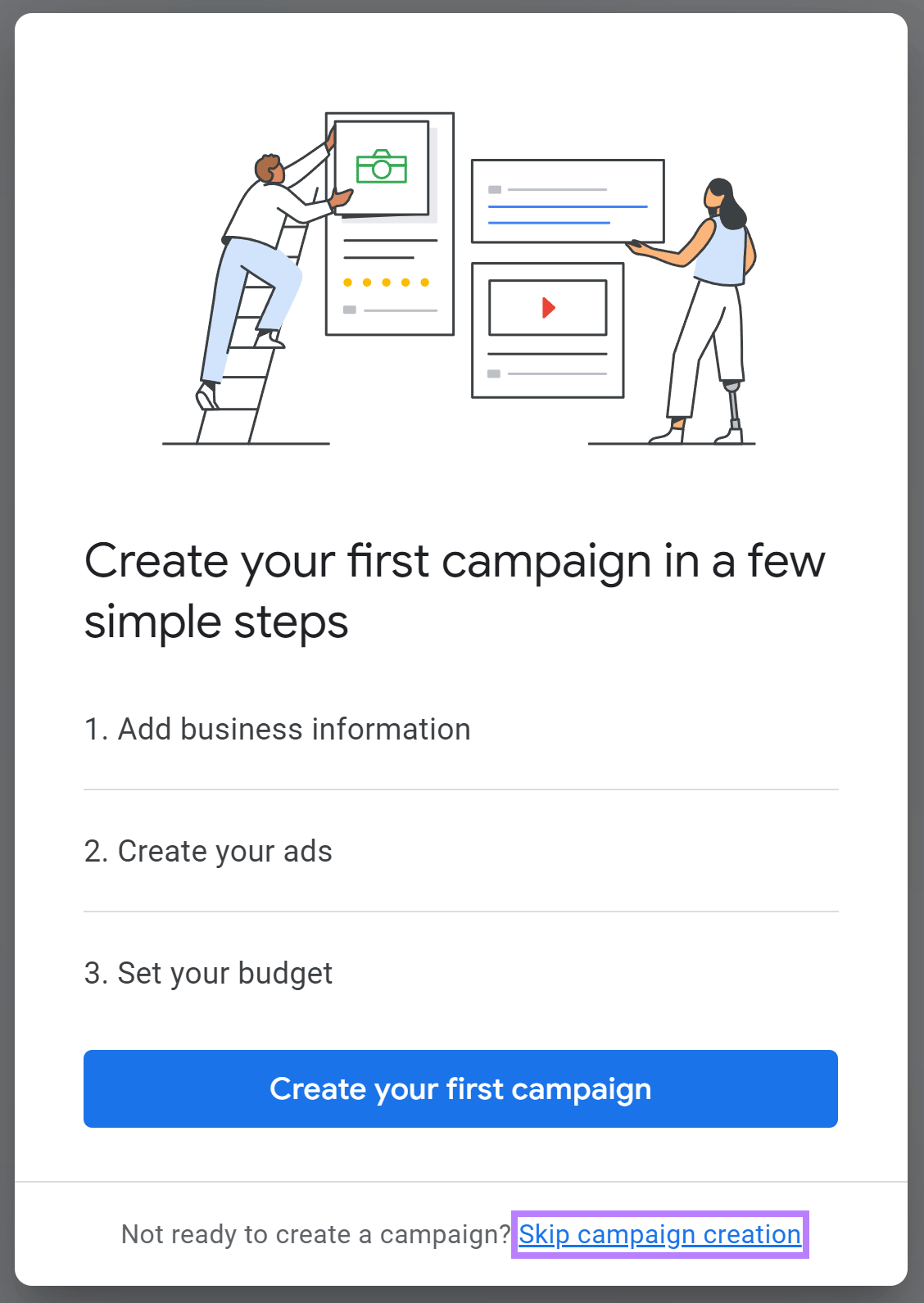 Campaign creation popup with Skip campaign creation link highlighted.