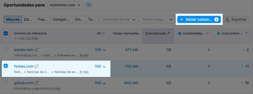 Iniciar comunicaciones en Link Building de Semrush