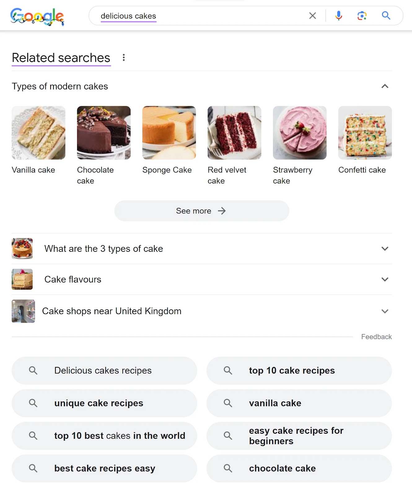 “Related searches” conception  connected  SERP for "delicious cakes" query