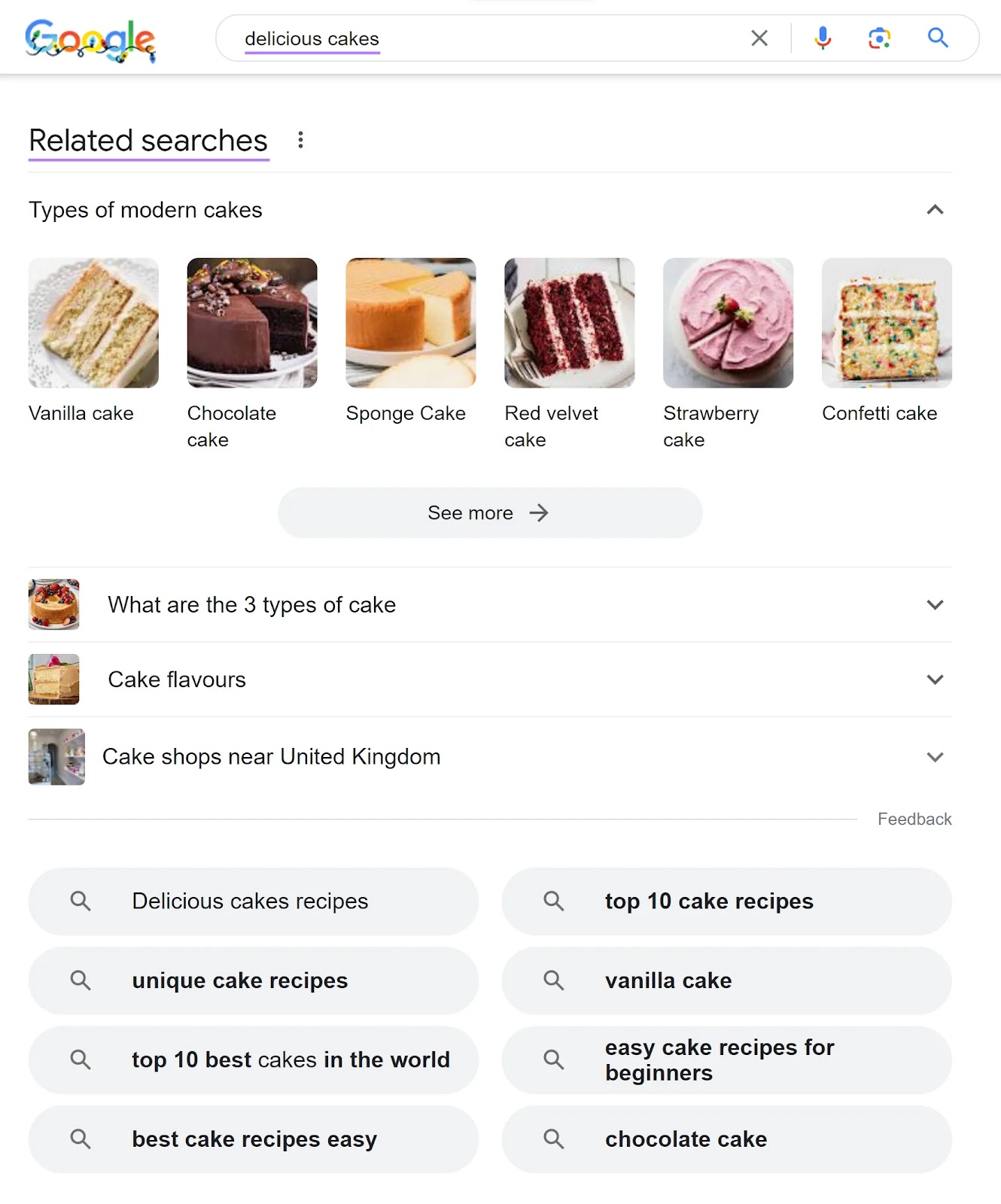 "Sección "Búsquedas relacionadas" en la SERP para la consulta "pasteles deliciosos