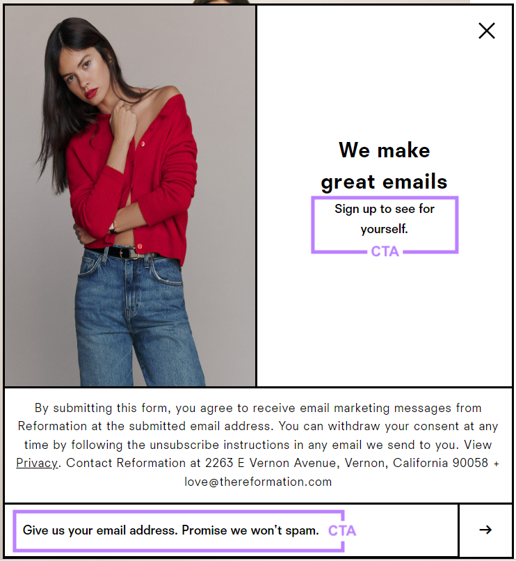 "Sign up to see for yourself," and "Give us your email address. Promise we won't spam" CTAs highlighted in Reformation's opt-in form