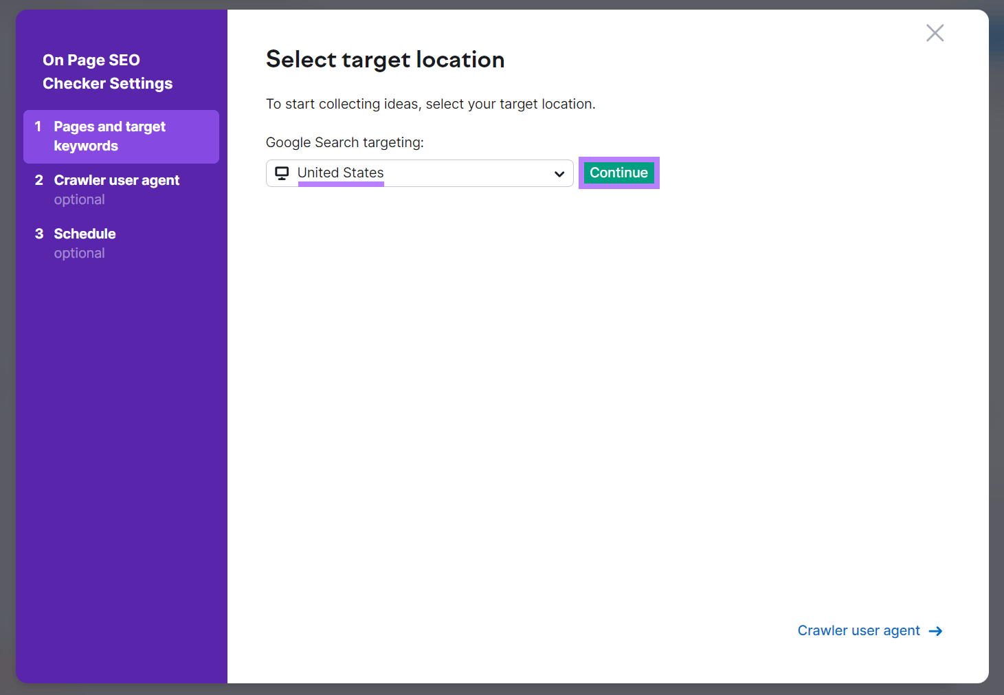 Settings popup with Target location set to United States and Continue button highlighted.