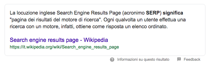 Esempio di uno snippet in primo piano nella ricerca su Google