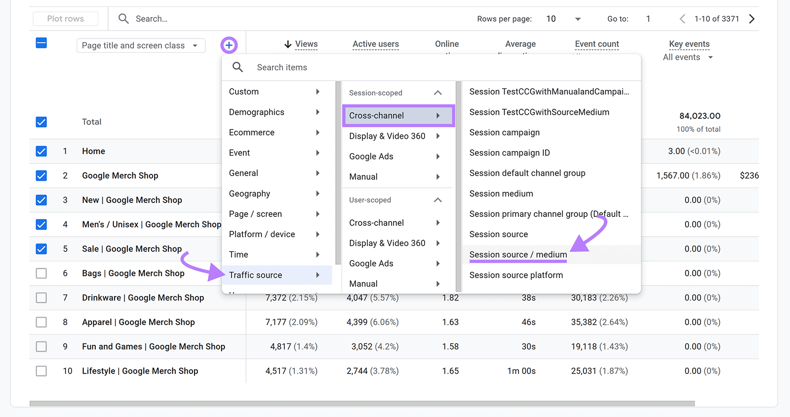 Add secondary dimension menu with Traffic source and Session source/medium highlighted