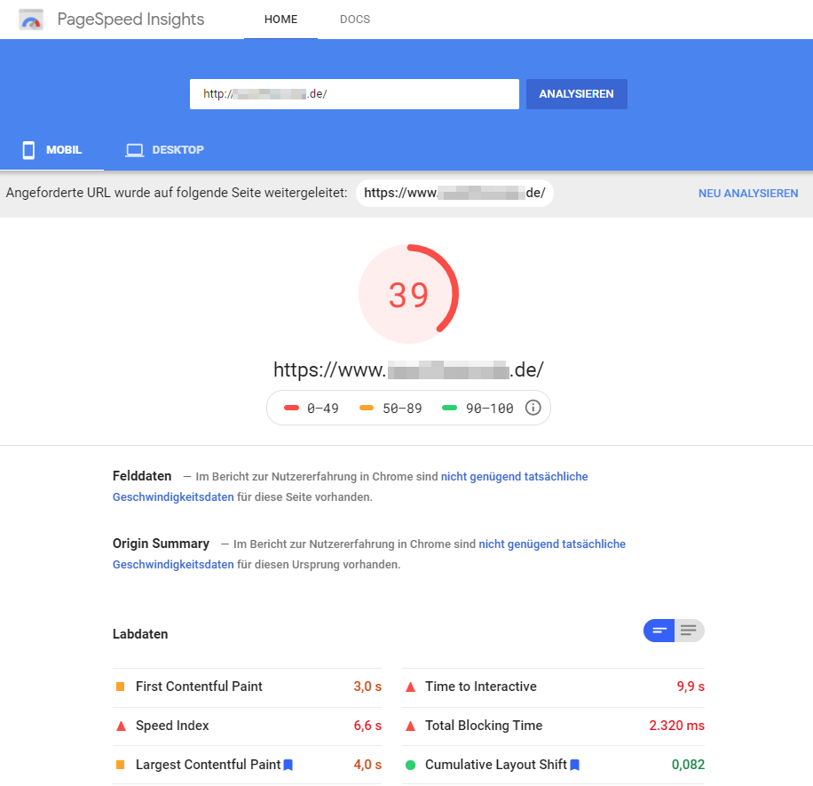 PageSpeed Insights: Ergebnisse für Mobile