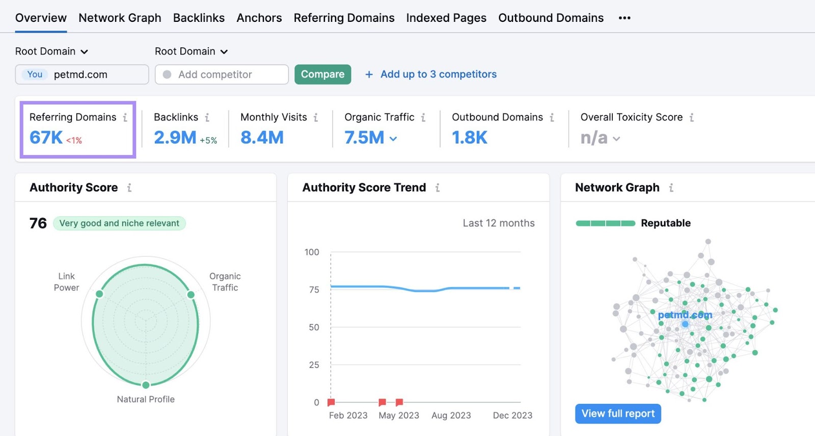 "Referring Domains" container  highlighted successful  the Backlink Analytics overview dashboard