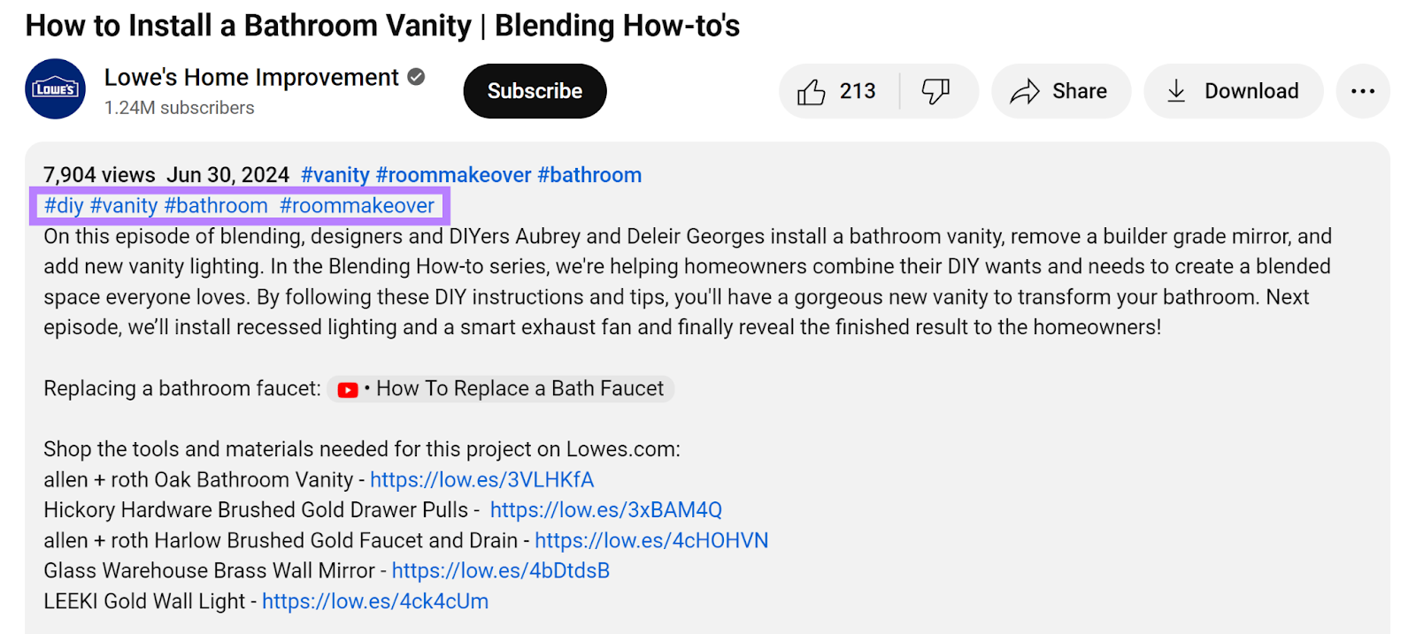 Hashtags highlighted successful  Lowe's YouTube video