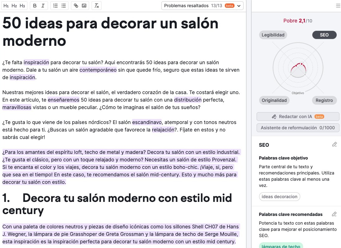 Ejemplo de un artículo en el SEO Writing Assistant de Semrush