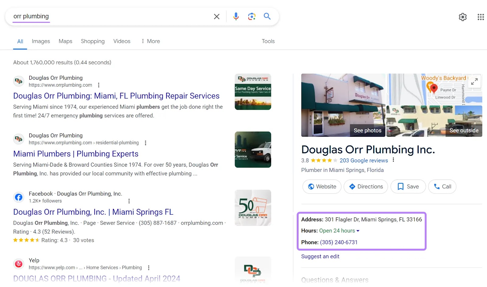 address, operating hours, and phone number highlighted on SERP for Douglas Orr Plumbing Inc.