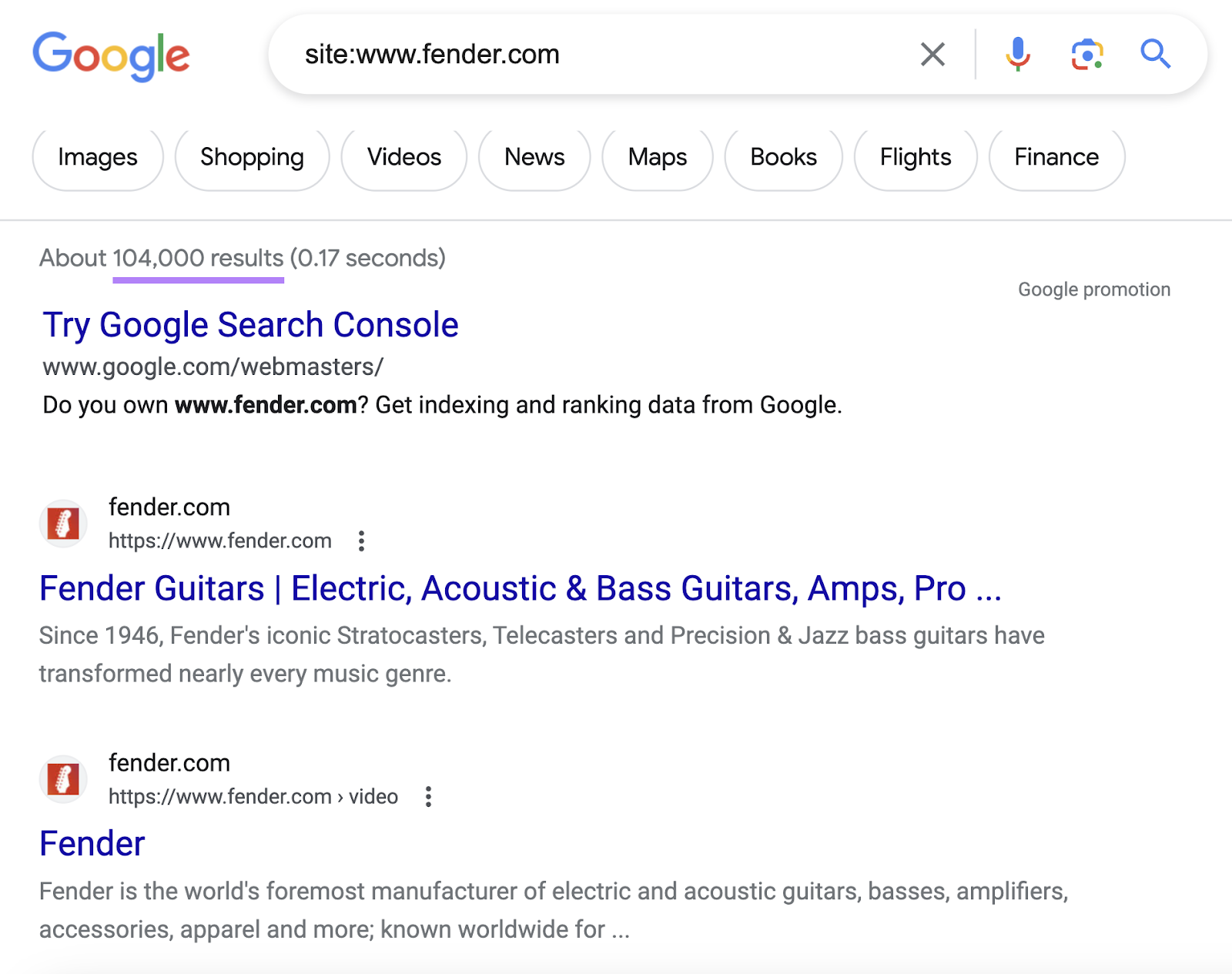 Google's SERP for “site:www.fender.com”