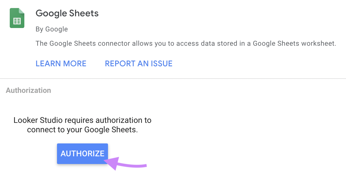 Connecting Google Sheets to Looker Studio with "authorize" button highlighted